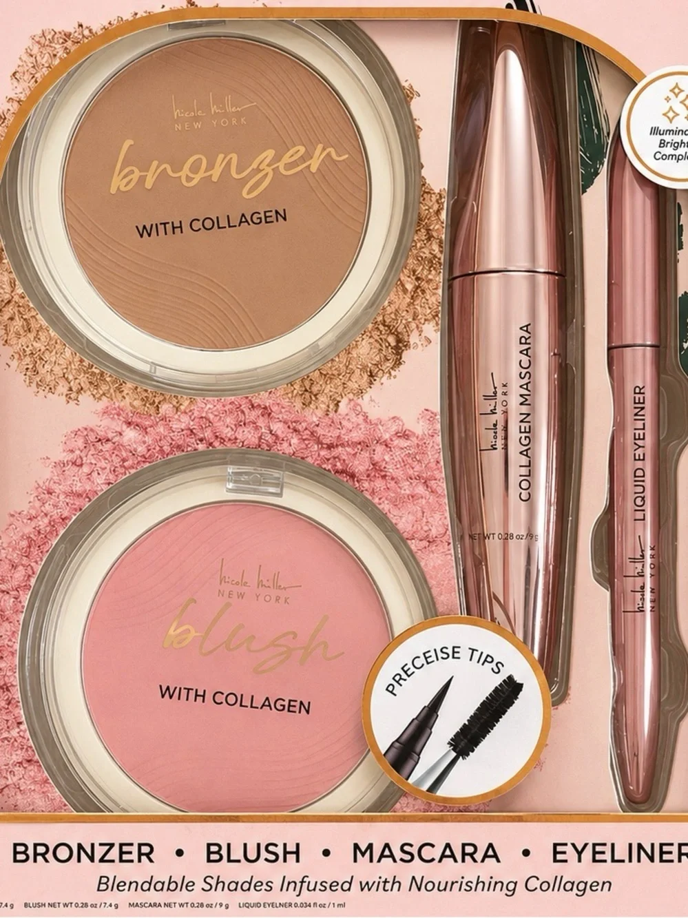 Nicole Miller Natural Glow Beauty Essentials 4 Pc Makeup Set Collagen New in Box